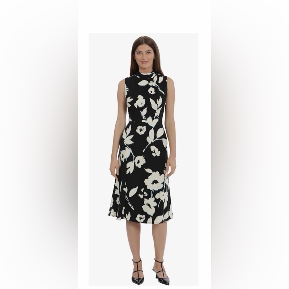 Maggy London Black and Cream Floral Midi Dress